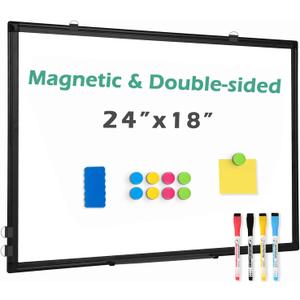 Double Sided Magnetic White Board, 24"x18" Dry Erase Whiteboard for Wall with Aluminum Frame Presentation Board for School, Office and Home