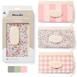 Moodie NEW 3 PACK Baby Wipes Holder | Refillable Wipes Container w/ DOUBLE-LOCK SEAL |Travel Wipe Case | Portable Wipe Dispenser for Diaper Bag w Silicone Strap | Reusable Wipes Pouch (ROSIE PINK)