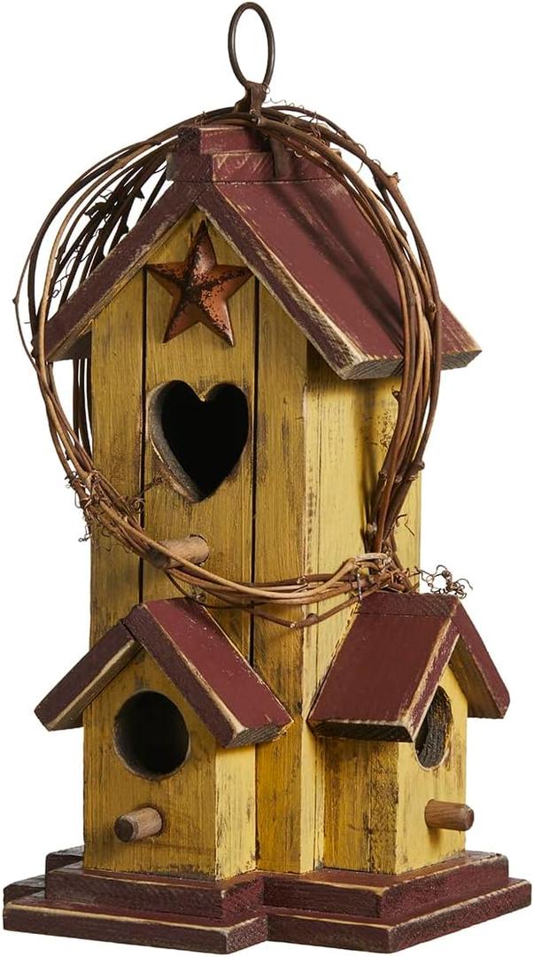 Glitzhome Birdhouses for Outdoors,Hummingbird Houses for Outside, 11.5"H Yellow Hand Painted Distressed Solid Wood Bird Nesting Box Decorative Birdhouse with Rattan Hanging Bird House for Patio Garden