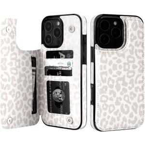 HAOPINSH for iPhone 16 Pro Max Case Wallet with Card Holder, White Leopard Cheetah Pattern Back Flip Folio PU Leather Kickstand Card Slots Case for Women Girls, Double Magnetic Clasp Shockproof 6.9"