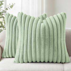 Simmore Faux Fur Euro Sham Couch Throw Pillow Covers 22x22 Set of 2, Decorative Soft Striped Plush Pillow Covers with Velvet Back for Sofa Bed Living Room, Sage Green