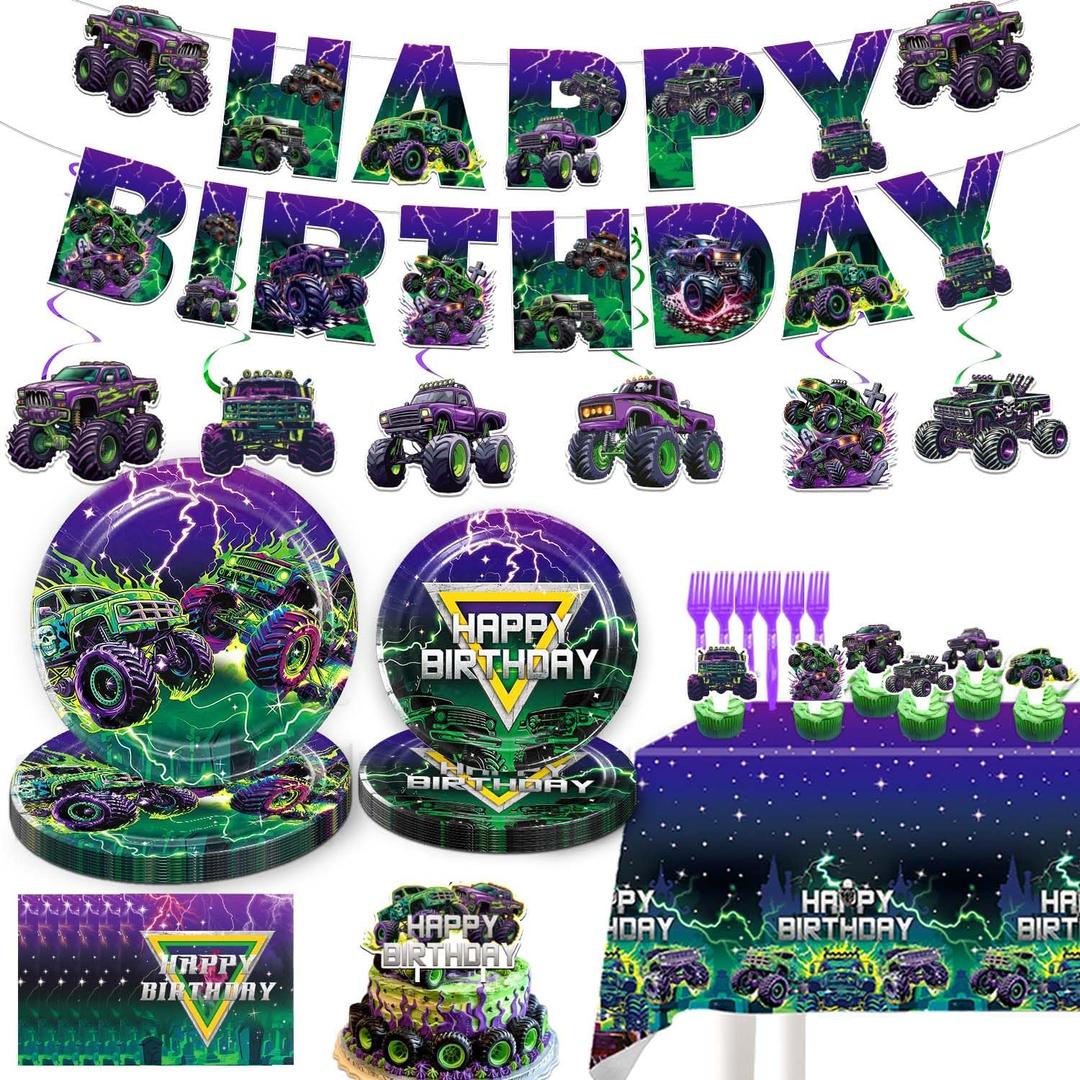 Monster Truck Birthday DecorationsMonster Truck Plates And NapkinsMonster Truck Party decorationsInclude ,BannerMonster Truck Hanging Swirls, Cake ToppersPlatesNapkinsTableware, Tablecloth