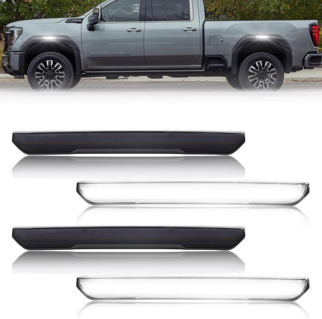 4 PCS Smoked LED Side Marker Light for Sierra 2500HD 3500HD 2020-2024, Full LED Strip White Front & White Rear Bumper Light, Pickup Truck Fender Driver Passenger Sidemarker Lamp - Smoked + White