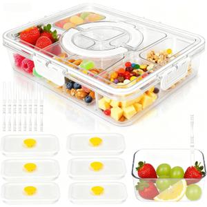 Premium Leak-Proof Snackle Box Container with 8 Clear Compartments & 6 Airtight Lids | Portable Clear Snack Tray with Lid & Handle | Divided Serving Tray for Fruits, Snacks, Sauces, Veggie & More