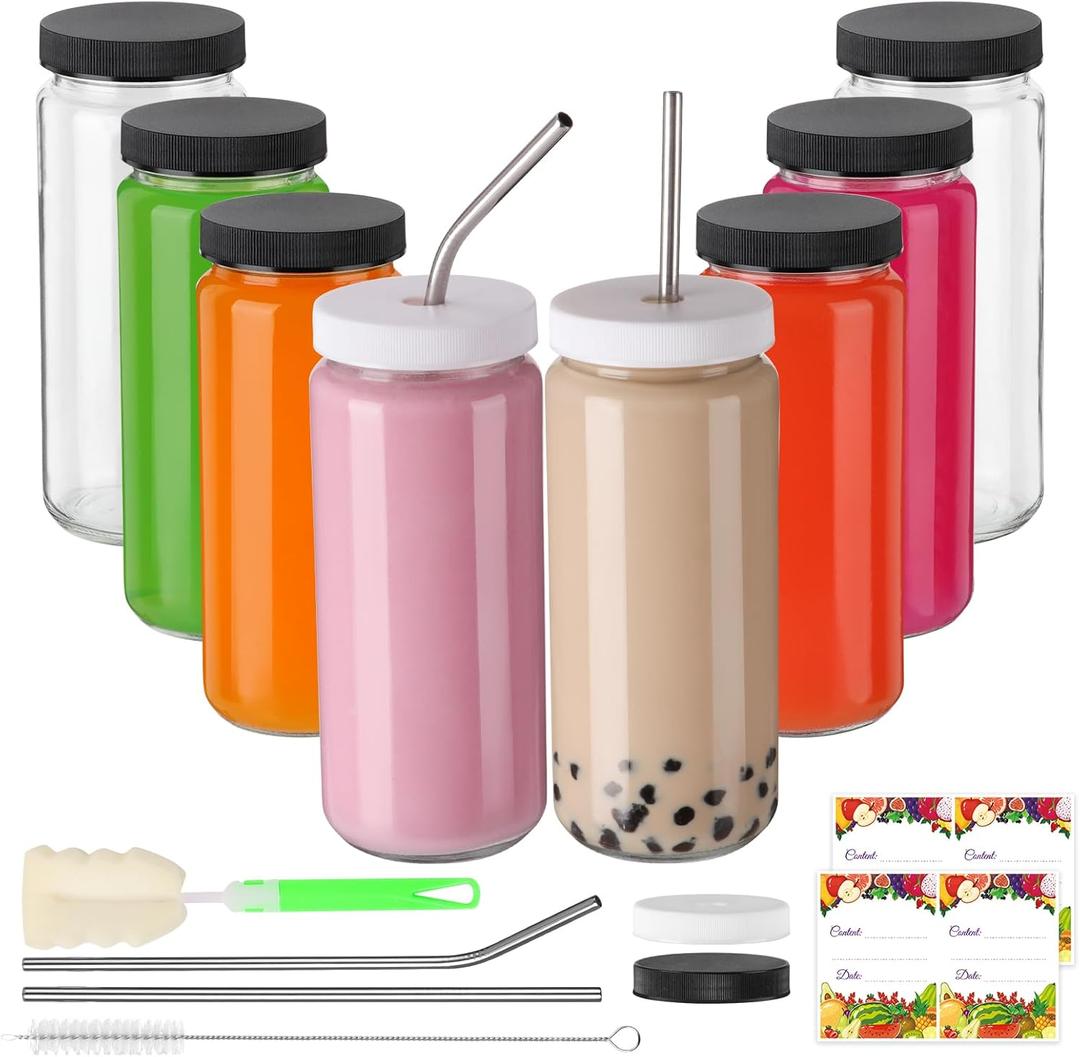 AuroTrends 16 oz Glass Bottles with Lids 8Pack, 480ml Portable Juicing Bottles Reusable Glass with Lids for Juicing, Smoothies, Kombucha (16fl.oz, Set of 8)