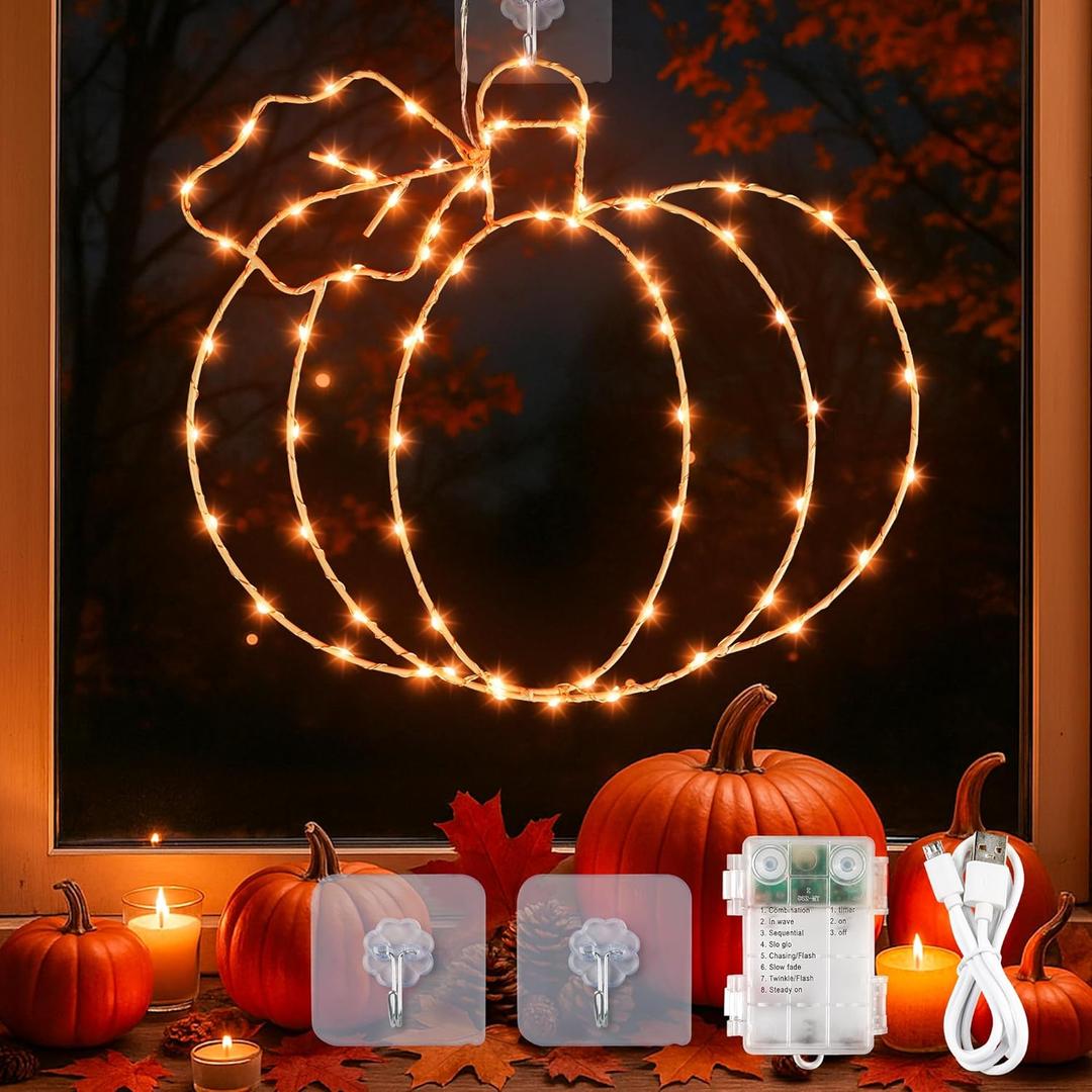 YOUNGAR Thanksgiving Window Lights,75Led Battery/USB Operated Pumpkin for Fall Decor, 8Modes Timer for Home Indoor, Autumn, Glass Wall,Porch,Outdoor Decor (Orange)