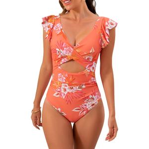 B2prity Women's One Piece Swimsuit Ruffle Cutout Bathing Suits Slimming Tummy Control V Neck Wrap Swimwear (X-Large, Orange Print)