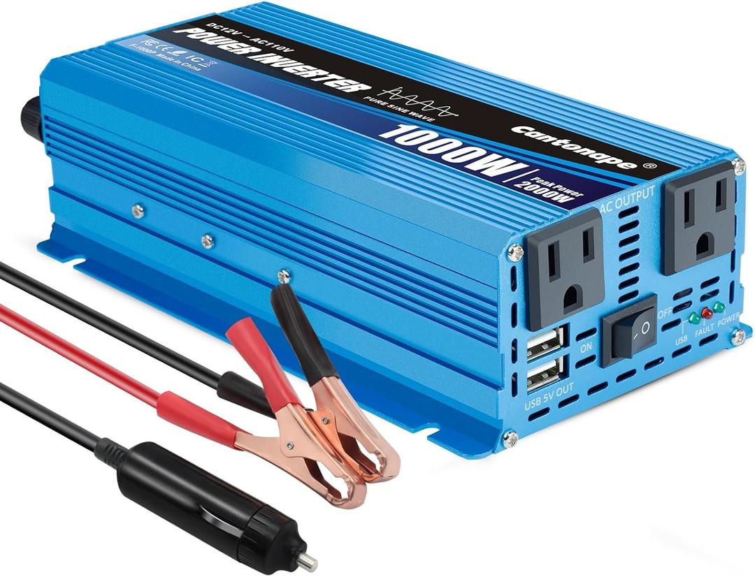 1000W Pure Sine Wave Inverter 12V to 110V/120V AC Power Inverter Converter with 3.1A USB Car Adapter and Cigarette Lighter Plug for Car Outdoor