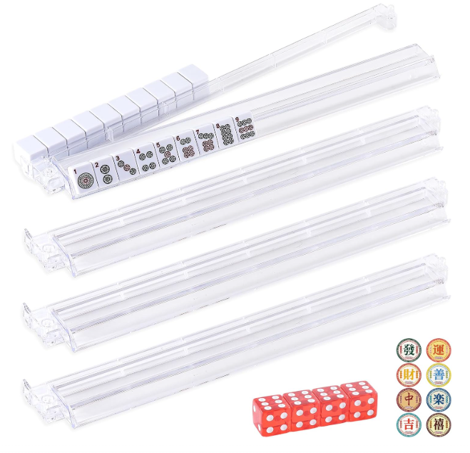 4PCS Mahjong Racks with Pushers,Set of 4 Mahjong Pushers and Racks,with 4 Dices and 8 Lucky Stickers,All-in-One Acrylic Mahjong Tile Holder and Pusher,American mah jongg Rack,mah jong trays(Clear)