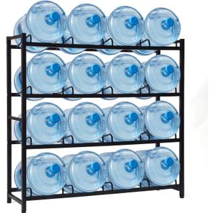 16-Tray Water Cooler Jug Rack - Heavy Duty Carbon Steel 5 Gallon Water Dispenser Jug Holder Stand With 4-Tier Organizer For Home, Office, Kitchen, Warehouse - Black