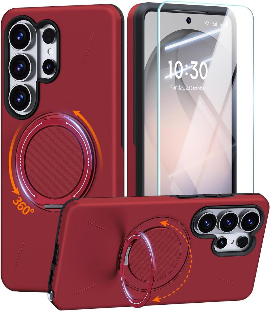 JAME for Samsung Galaxy S26 Ultra Case, Ring Holder Stand Kickstand, Dual Layer Shockproof Protective Cover with Screen Protector, Magnetic Accessory Friendly Galaxy S26 Ultra Phone Case 6.9", Red