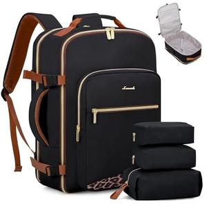 LOVEVOOK Travel Backpack, 50L Carry on Backpack with 3 Packing Cubes, 18 Inch Water Resistant Luggage Computer Daypack College Weekender Overnight Bag for Men & Women, Black-Leopard print
