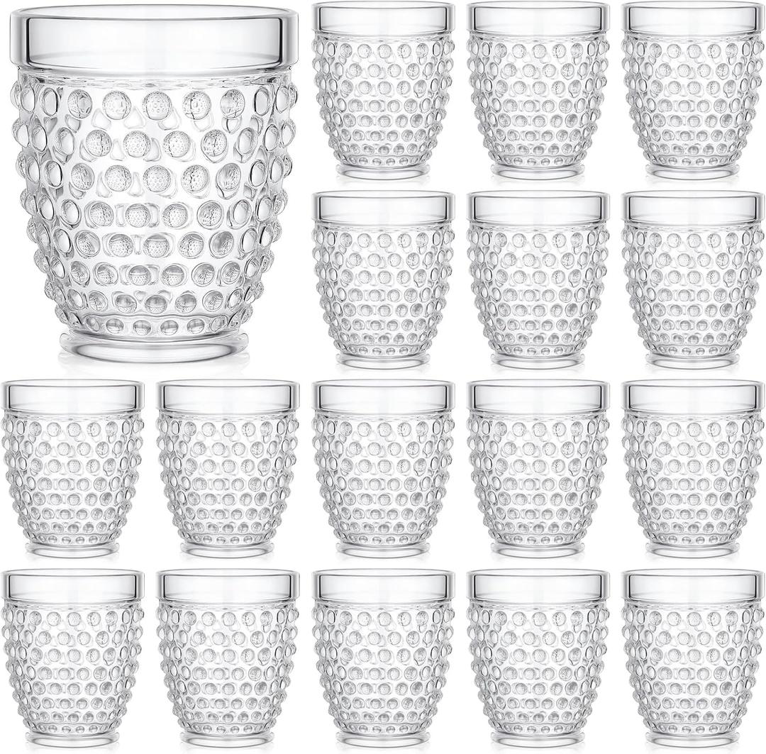 Tanlade Set of 16 Hobnail Drinking Glasses, 10.2 oz Vintage Drinking Glasses Acrylic Wine Cups Old Fashioned Cup Drinkware Glassware Cups for Water Beverage Juice Drink Beer Cocktail Soda