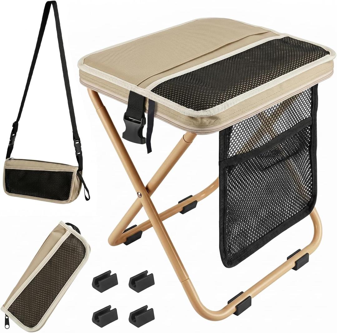 16" Extra Tall Portable Collapsible Stool, Sturdy and Durable Folding Backpack Stool with 3 Side Pockets, Ideal for Camping, Hiking, Outdoor Activities Portable Chair (Khaki)