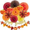 SUNBEAUTY Fall Party Decorations Orange Birthday Decorations Hanging Paper Fan Pumpkins Paper Pom poms Maple Leaves Happy Birthday Banner for Thanksgiving Autumn Harvest Classroom Office Party, 8-14 inches