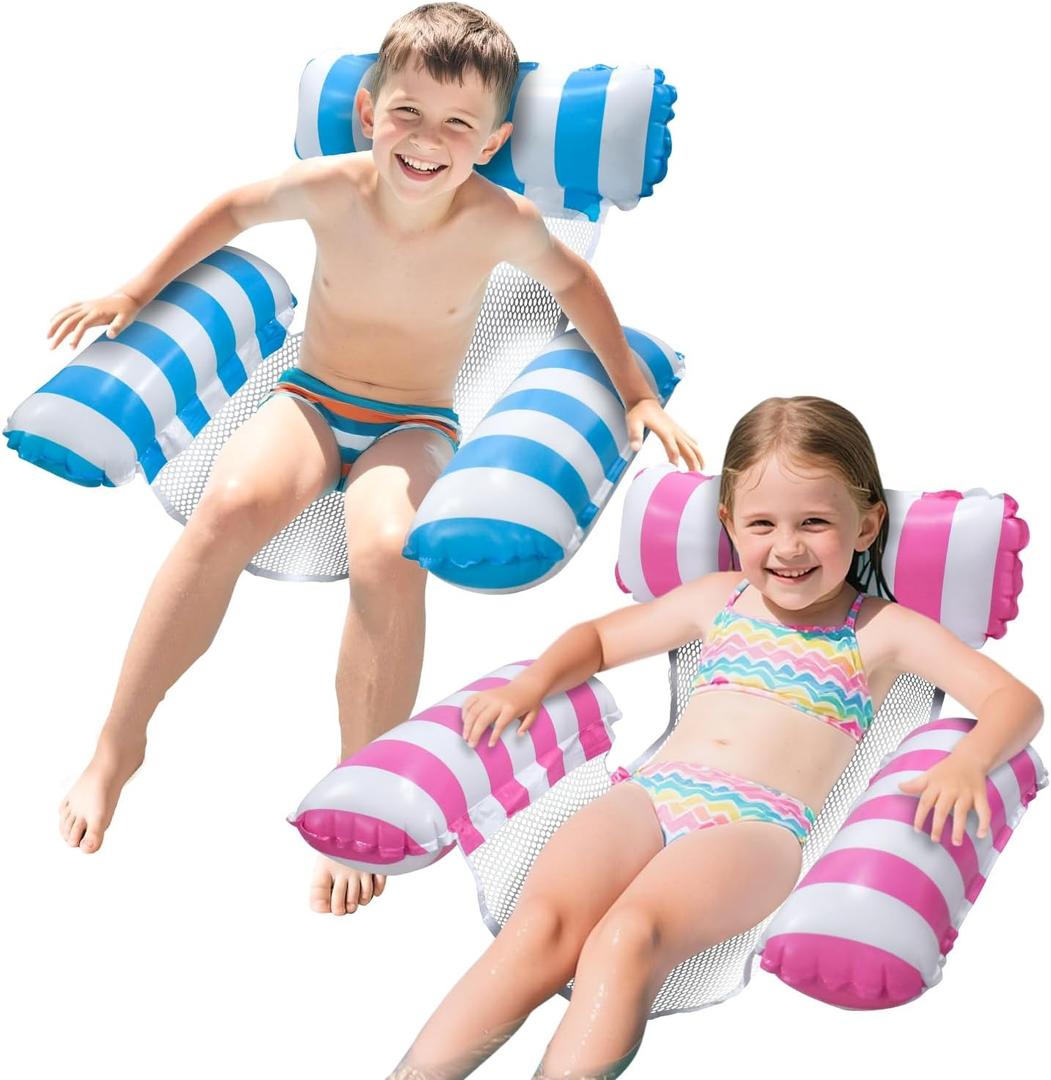 Pool Floats Kids, Meegoo Pool Lounge Chairs 3 Tubes Floaties Water Hammock Inflatable Pool Toys for Kids Ages 8-12 for Summer Party Beach Vacation Essentials (Blue Rose Red-2 Pack)