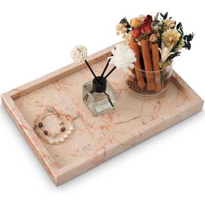 Marble Bathroom Tray,Pure Natural Vanity Tray,Marble Trays for Kitchen Counter Non-Ceramic/Non-Resin,Stone Tray 12 x 8 inch (Pink)