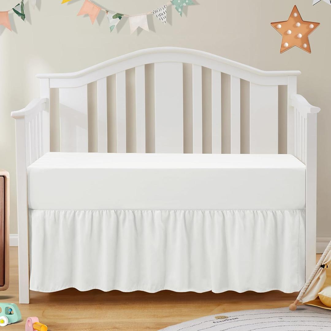 SiinvdaBZX 2-Piece Set Ruffled Crib Skirt & Microfiber Crib Sheet, Fit for Baby Standard Crib & Nursery Toddler Bedding, 52"x28" + Adjustable Elastic 14" Drop (White)
