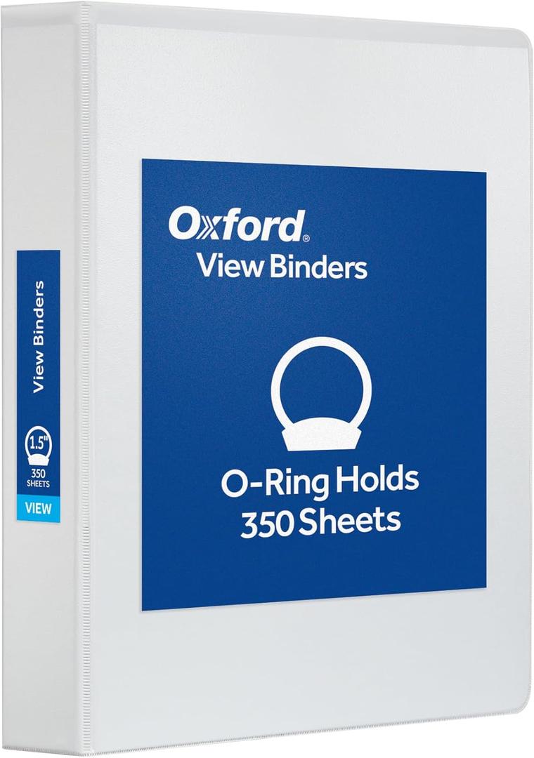 Oxford Ring Binders, 1.5" Round Ring Binders, View Binder, Covers on 3 Sides, XtraLife Hinge, Non-Stick, PVC-Free, White, 350 Sheet Capacity (1002547)
