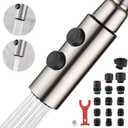 Metal Kitchen Faucet Head Replacement, Pull Down Spray Head with 15 Adapters, 2 Function Kitchen Sink Spray Nozzle, Stainless Steel, Brushed Nickel