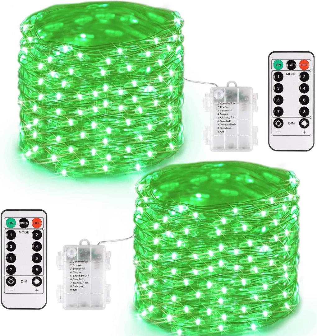 JMEXSUSS 2 Pack Green Fairy Lights Battery Operated, Total 200 LED 66ft Twinkle String Lights with Remote, 8 Modes Christmas Lights for St Patrick's Day Tree Wreath Fireplace Indoor Outdoor Decor