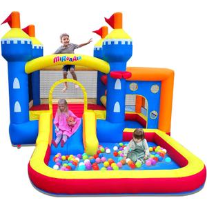 Inflatable Bounce House, Bouncy House for Kids 3-10 Ages, Jumping Castle with Air Blower, Carry Bag, Ball Pit, Basketball Hoop, Slide