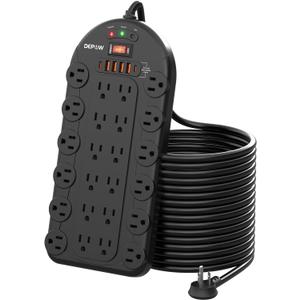 15Ft Power Strip Surge Protector (3,400 Joules), DEPOW 24 AC Multiple Outlets (1875W/15A) with 6 USBs (2 USB-C Ports), ETL Listed, Flat Plug Heavy Duty Long Extension Cord for Home, Office, Black