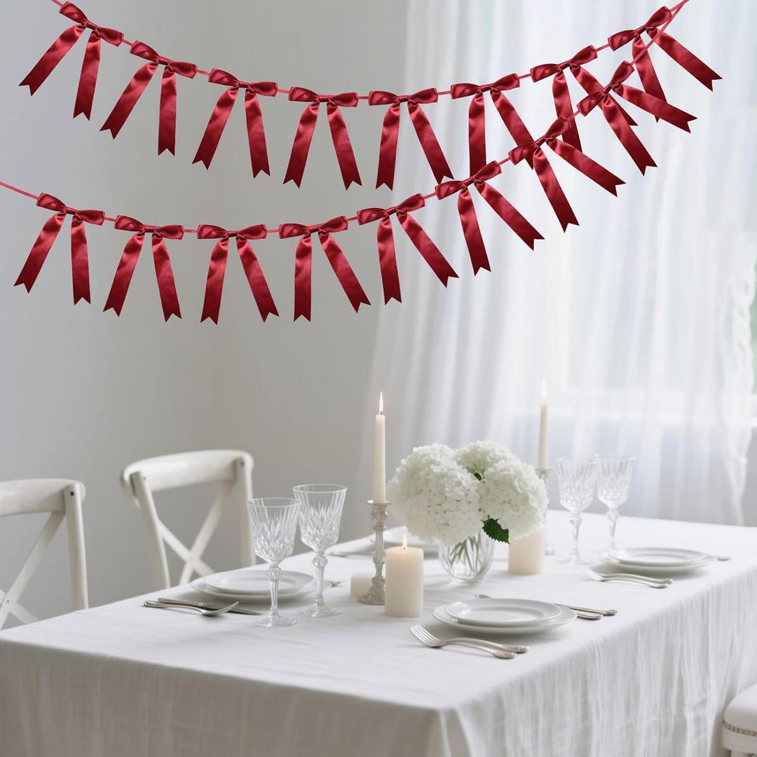 Meetppy 2 Pack Burgundy Satin Ribbon Bow Garland Burgundy Bow Garland Banner for Birthday Baby Shower Bridal Shower Bachelorette Party Supplies