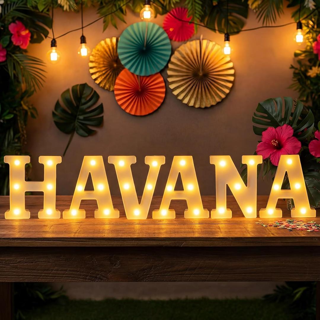 Aurelema 6 Pcs Havana Party Decorations Light up Sign Havana LED Marquee for Hot Night Party Supplies Battery Powered Tropical Alphabet Letter Summer LED Lights for Night Birthday, 6.3 inches