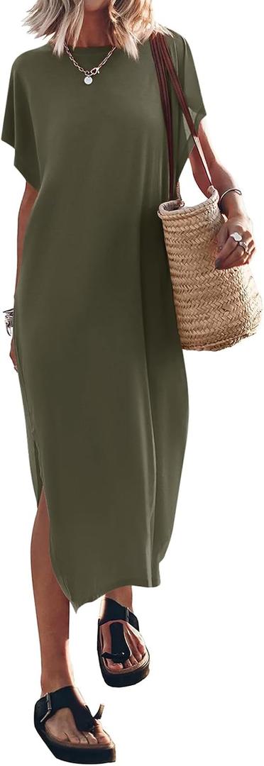 Yousify Women's Summer Maxi Dress T-Shirt Cap Sleeve Crewneck Casual Loose Slit Side Long Beach Vacation Dresses (08-army Green)