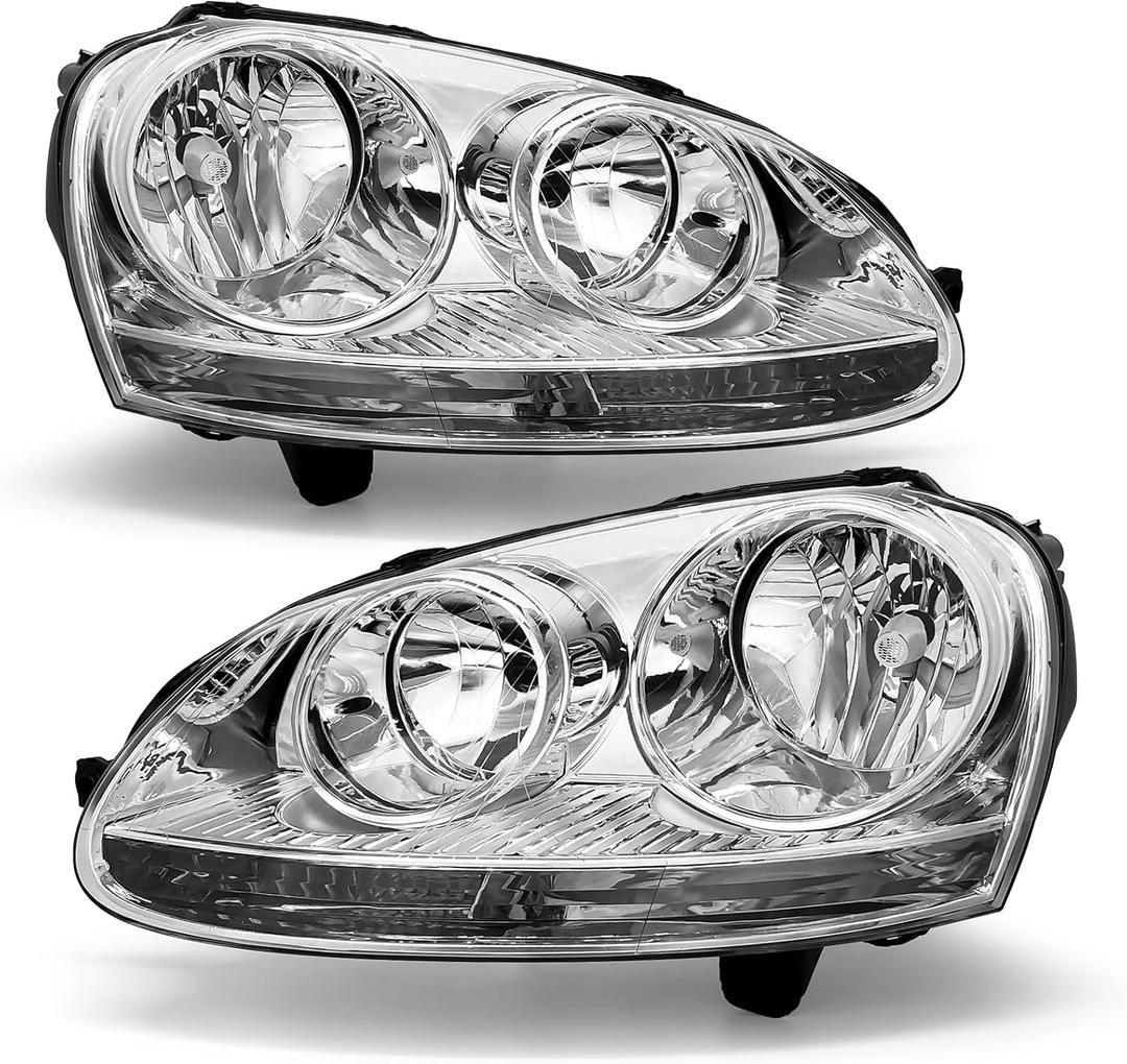 Headlights Assembly Compatible With 2005-2010 Volkswagen Jetta Type 5 sedan Wagon GTI 08-09 Wagon/06-09 Golf Rabbit Hatchback Chrome Housing Clear Reflector OEM Halogen only