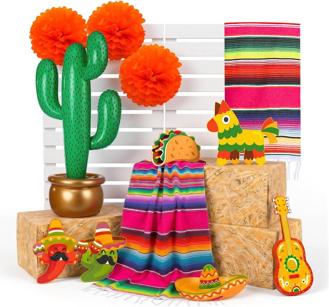 Roowest 18 Pcs Fiesta Mexican Party Decor Set Table Runners Hay Bale Boxes Inflatable Cactus Paper Flowers Cards Taco Birthday Day of the Dead Supplies