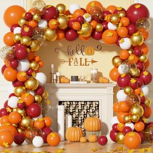 Fall Balloons Garland Arch Kit Orange Gold Burgundy White Confetti Balloons with Artificial Maple Leaves Garland for Thanksgiving Autumn Little Pumpkin Baby Shower Birthday Party Decorations