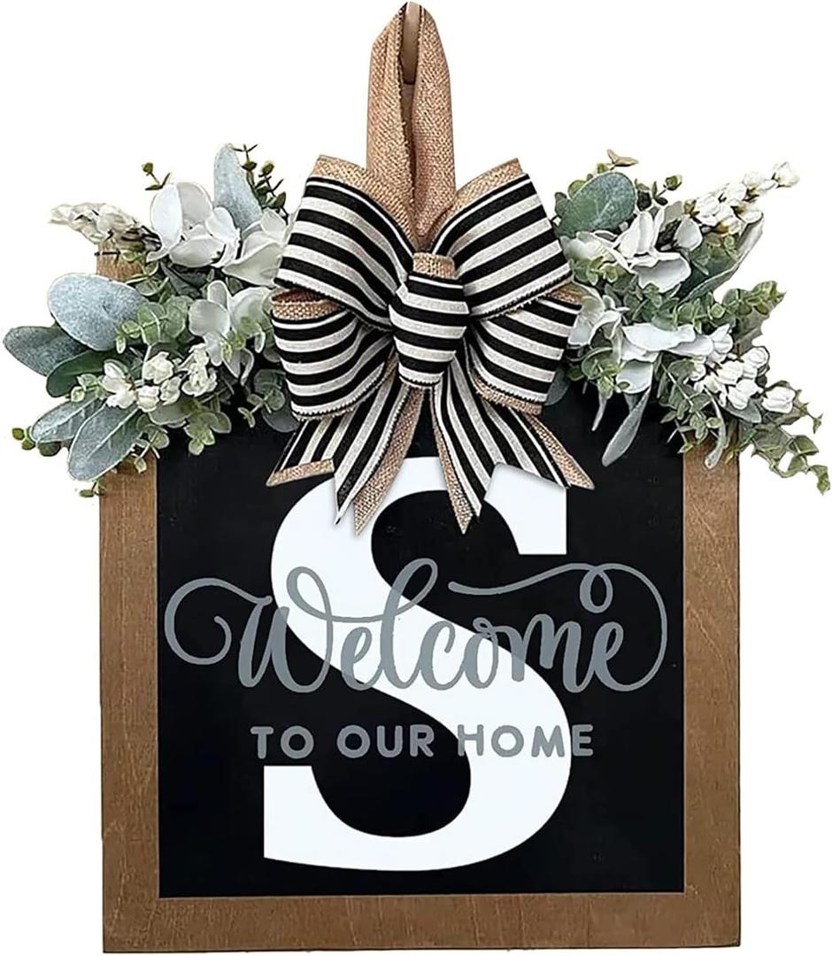 Last Name Year Round Front Door Wreath Front Porch Decoration 26 Letter Welcome Sign with Eucalyptus Garland and Bow Spring Wreaths for Front Door Outside Hanger GarlandS