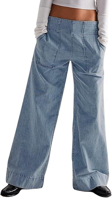 yoeasy Womens Wide Leg Jeans Elastic Waisted Back Casual Trendy Baggy Jeans Pull On Denim Pants with Pockets (Medium, Light Blue)