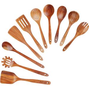 Wooden Spoons for Cooking, Wooden Utensils for Cooking Natural Teak Wooden Kitchen Utensils Set Comfort Grip (10 PCS SET)