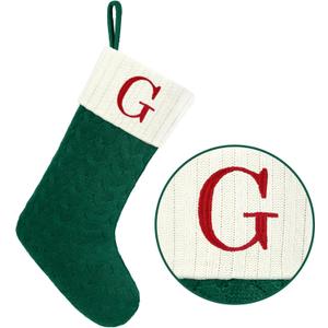 Christmas Stockings with Initials,20 Inches Large Knit Embroidered Letter Green White Christmas Stocking,Monogram Christmas Stocking for Famliy Holiday and Xmas Tree Fireplace (Letter G)