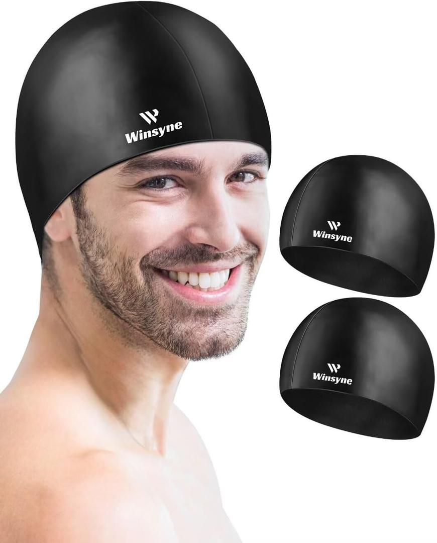 2 Pack Silicone Swimming Cap for Men Women, Unisex Adult Swim Cap for Short/Long Hair to Keep Hair Dry, Waterproof Bathing Swimming Hat, Black