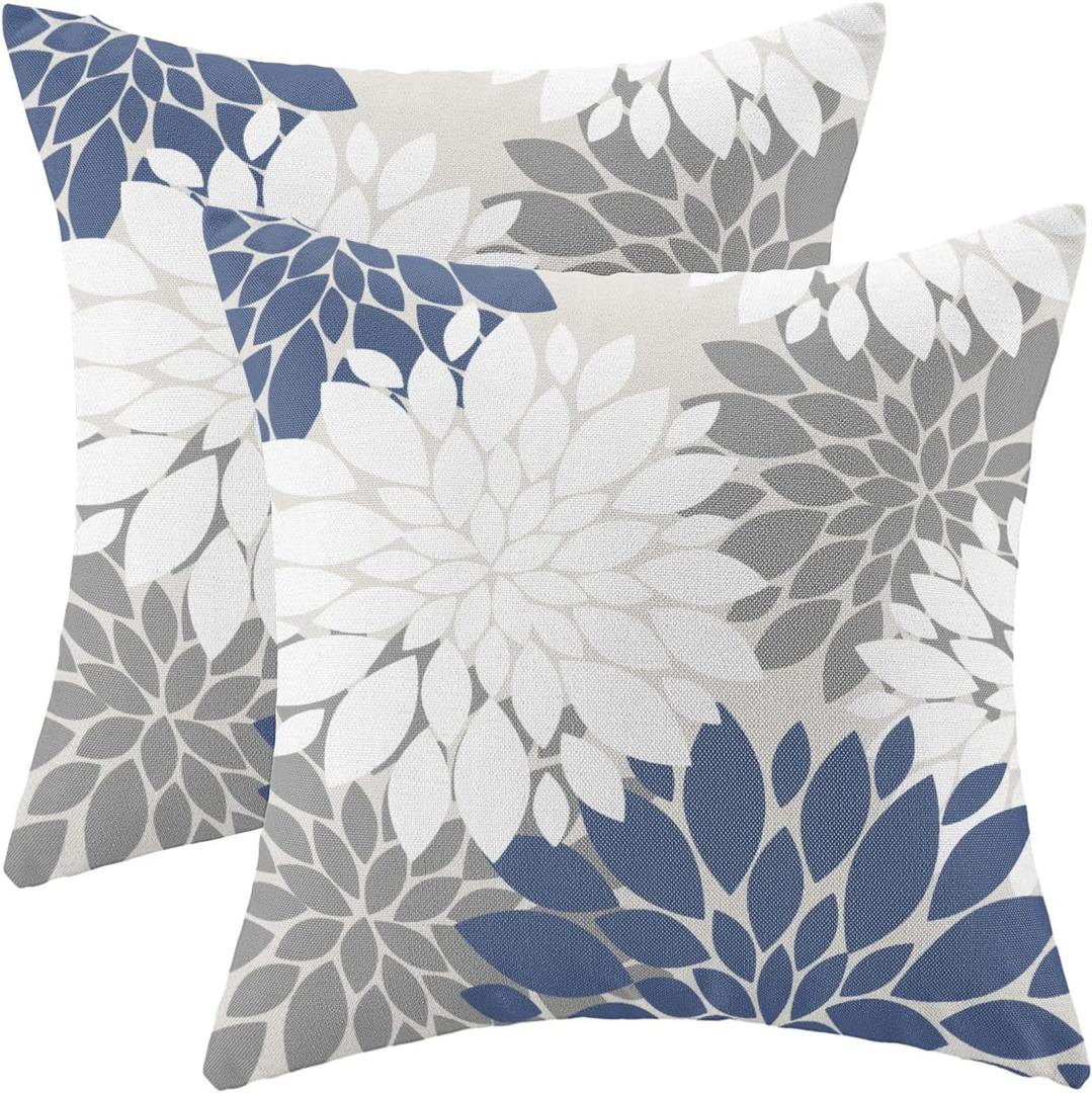 CXMEIFLY Navy Blue White Grey Pillow Covers 18x18 Inch Set of 2 Dahlia Floral Decor Throw Pillows Summer Modern Geometry Flower Outdoor Decorative Cushion Cases for Sofa Couch Bed Decorations