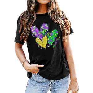 Mardi Gras Shirts Women: Mardi Gras Day Hearts T-Shirt Fat Tuesday Tee Carnival Shirt New Orleans Party Tshirt (Medium, Black)