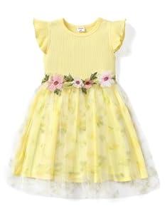 PATPAT Girl's Flower Dress Party Tulle Princess Wedding Birthday Ball Gown Tutu Poster Dresses Pale Yellow 8-9 Years