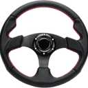 320mm 12.5'' Car Racing Steering Wheel PVC Leather Flat Drift Game Race Style Steering Wheel with Red Stitch and Horn Button (black)