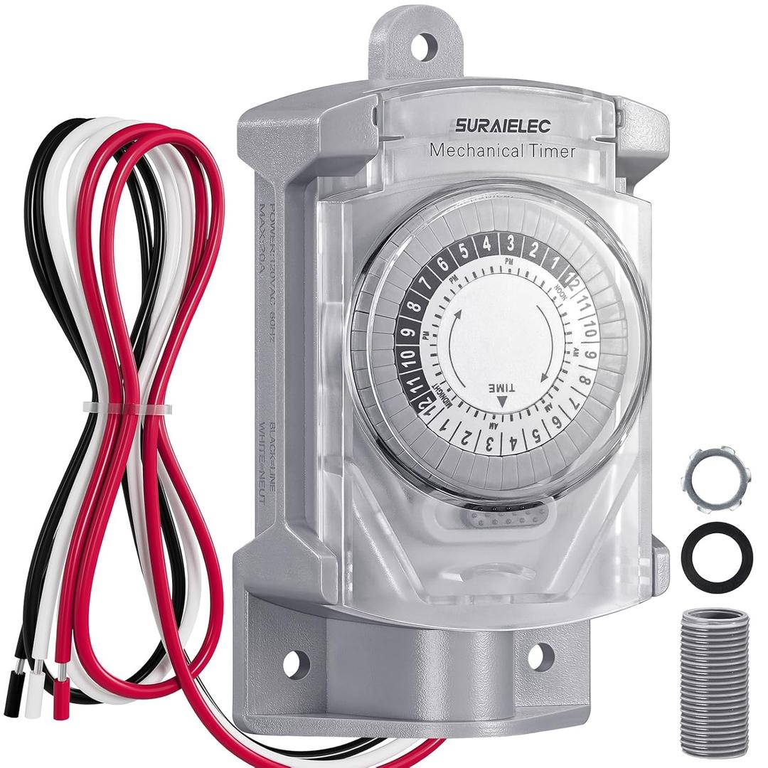 SURAIELEC 20 AMP 24 Hour Mechanical Timer Switch for Outdoor Electrical Boxes, 120V Power Control, for Waterproof Junction Box, RV Outlet, Driveway, Pool Light, Security System, Holiday Decorations