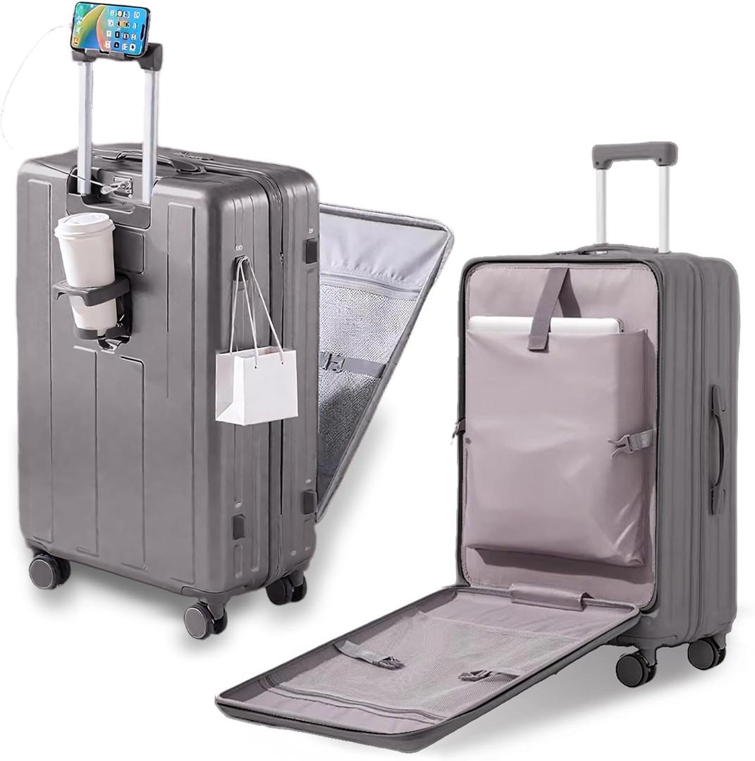 Gets Carry on Luggage Airline Approved,20 Inch Abs+Pc Hardshell Spinner Luggage With Cup Phone Holder and USB Charger,Front Pocket Durable Suitcase for Women Men-Grey