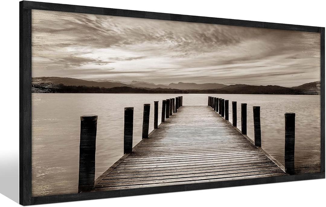 Pier Wooden Framed Wall Art: Lake Dock Scene Picture Mountain Landscape Painting Nature Prints Artwork for Bedroom Bathroom Living Room, 40"L x 20"W