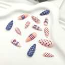 4th of July Polka Dots Press on Nails Almond Medium Fake Nails with American Flag Heart Designs Fourth of July Nails Press ons White Blue False Nails Independence Day Stick on Nails for Women 24Pcs