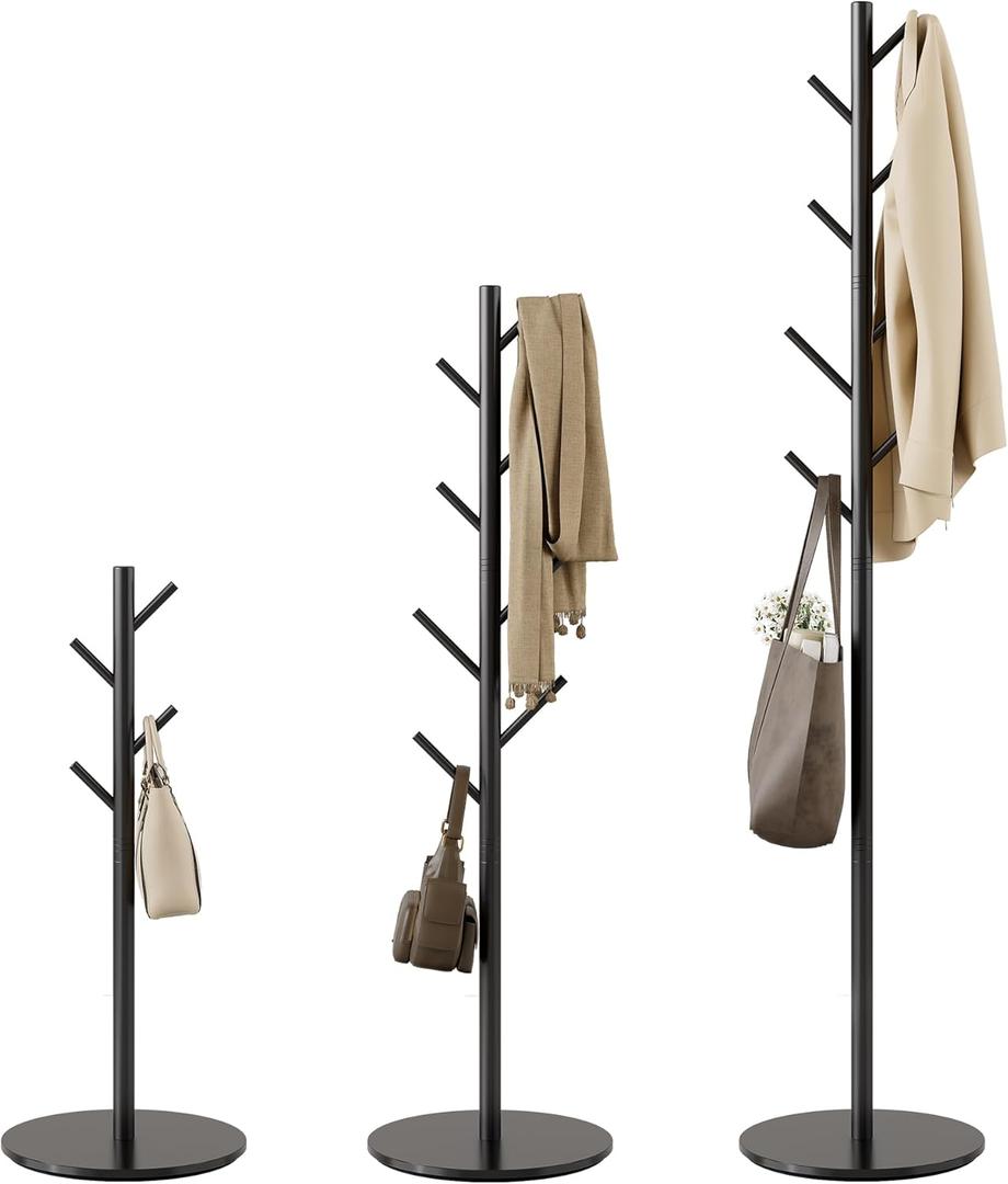Coat Rack with 8 Hooks, 3 Adjustable Heights, Modern Hall Tree, Sturdy Metal Clothes Stand with Sintered Stone Base for Entryway, Office, Bedroom, for Coats, Hats, Handbags and Scarves, Black