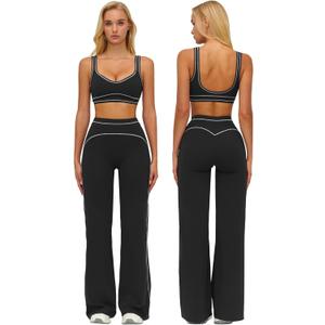 ABOCIW Two Piece Workout Sets for Women Racerback Tank Top Matching High Waist Wide Leg Yoga Pants Pilates Outfits, Black Size 0-2