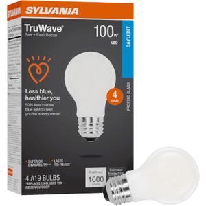 Sylvania LED TruWave Natural Series A19 Light Bulb, 100W Equivalent, Efficient 15W, 1600 Lumens, Medium Base, Dimmable, Frosted, 5000K, Daylight - 4 Pack (42276)