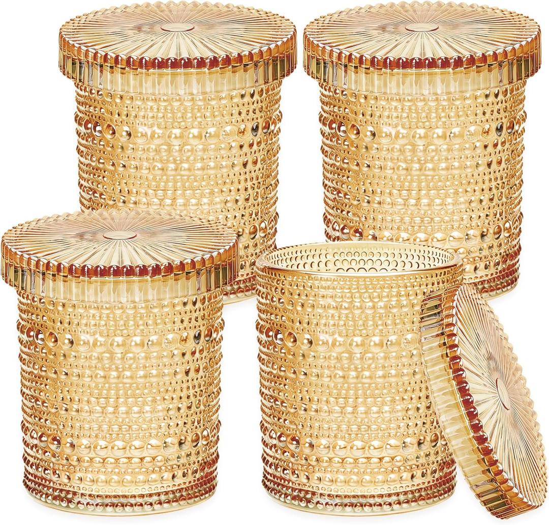 Flrolove 4-Pack Glass Qtip Holder Dispenser, 10oz Bathroom Organizers and Storage, Hobnail Cotton Round Holder for Qtips, Cotton Rounds, Balls & Floss Picks, Vanity & Makeup Apothecary Jars (Amber)